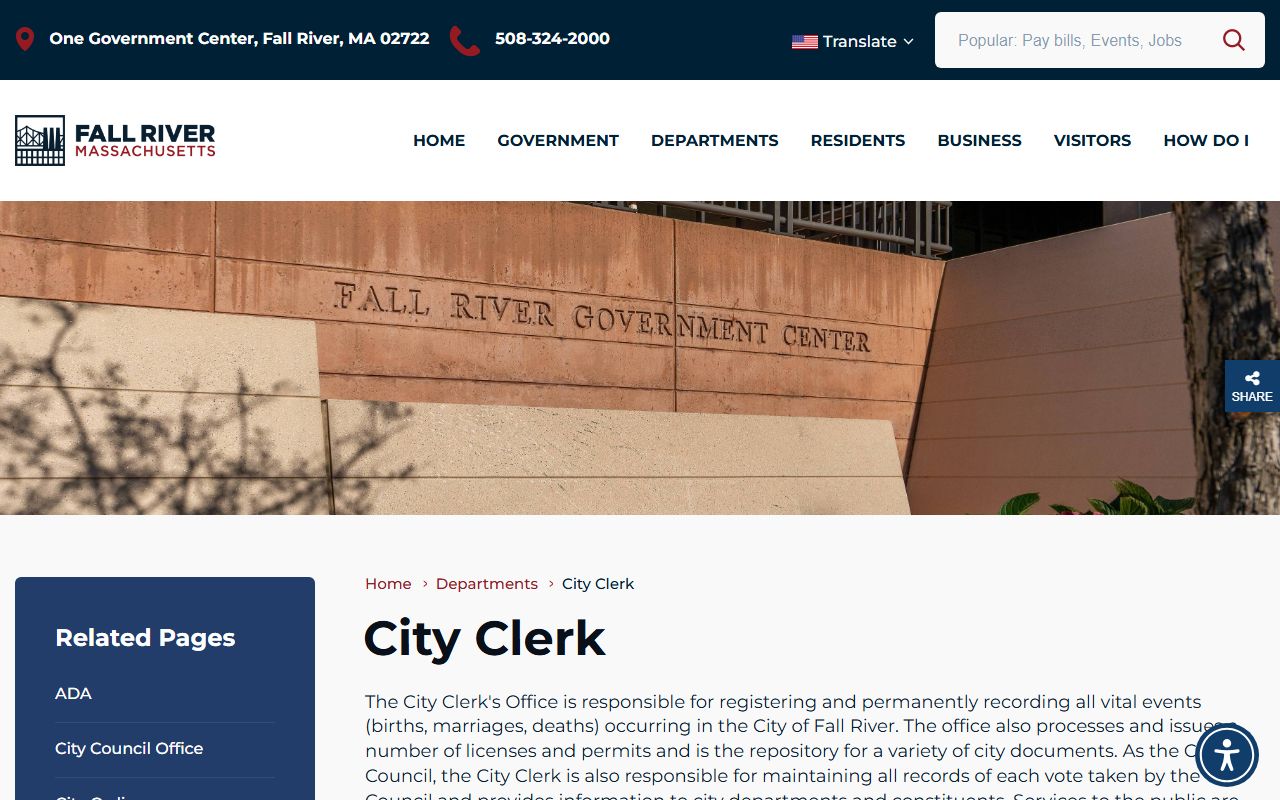 Fall River City Clerk website for Fall River Massachusetts genealogy records