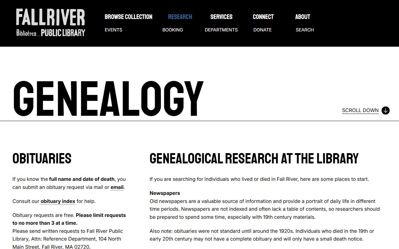 Fall River Public Library genealogy resources for Fall River Massachusetts genealogy records research