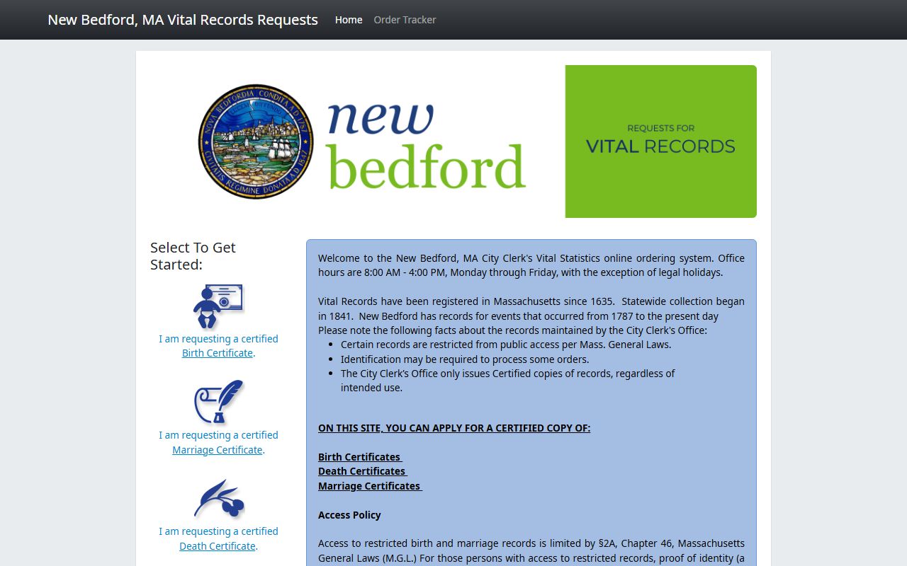New Bedford online vital records ordering system for New Bedford genealogy records