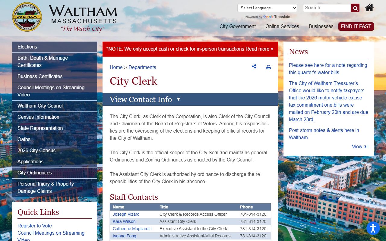 Waltham City Clerk website for Waltham Massachusetts genealogy records
