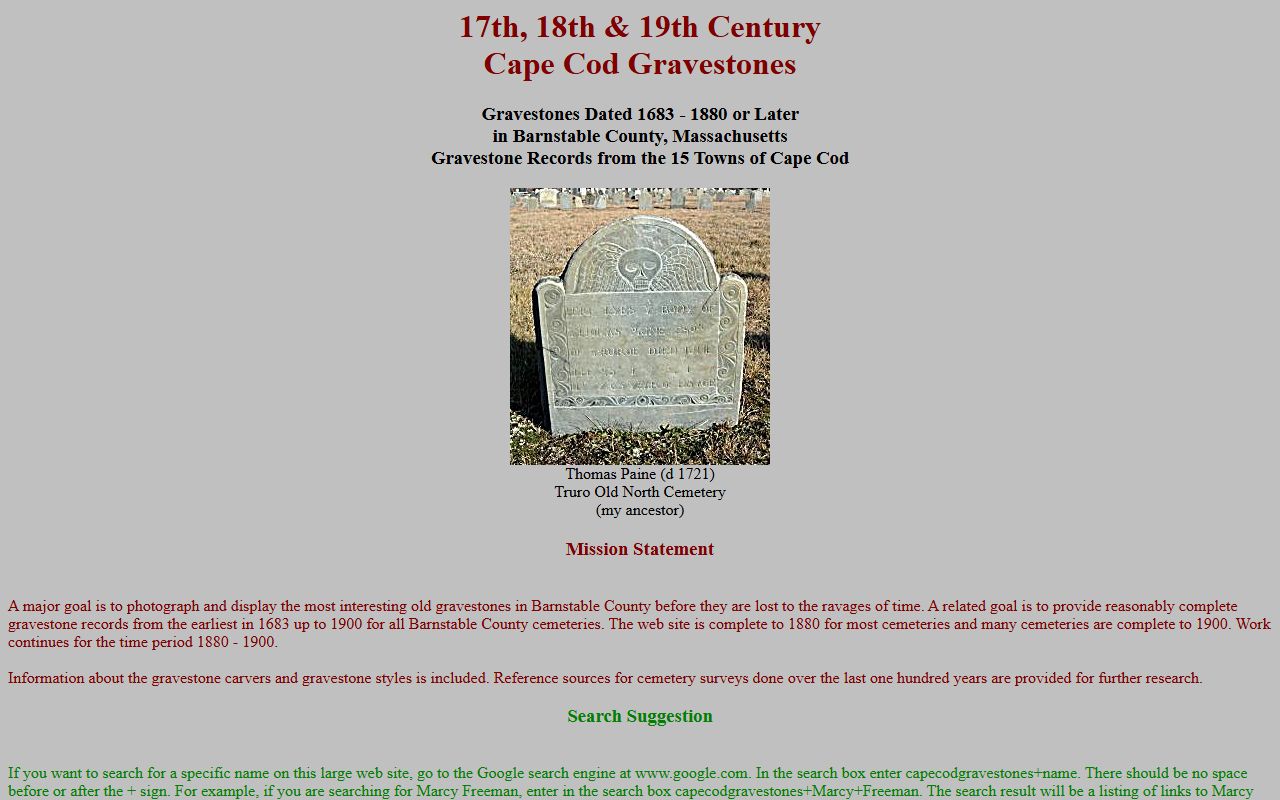 Cape Cod Gravestones database for Barnstable County genealogy records and cemetery research