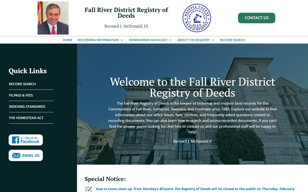 Bristol Fall River Registry of Deeds website for Bristol County genealogy records