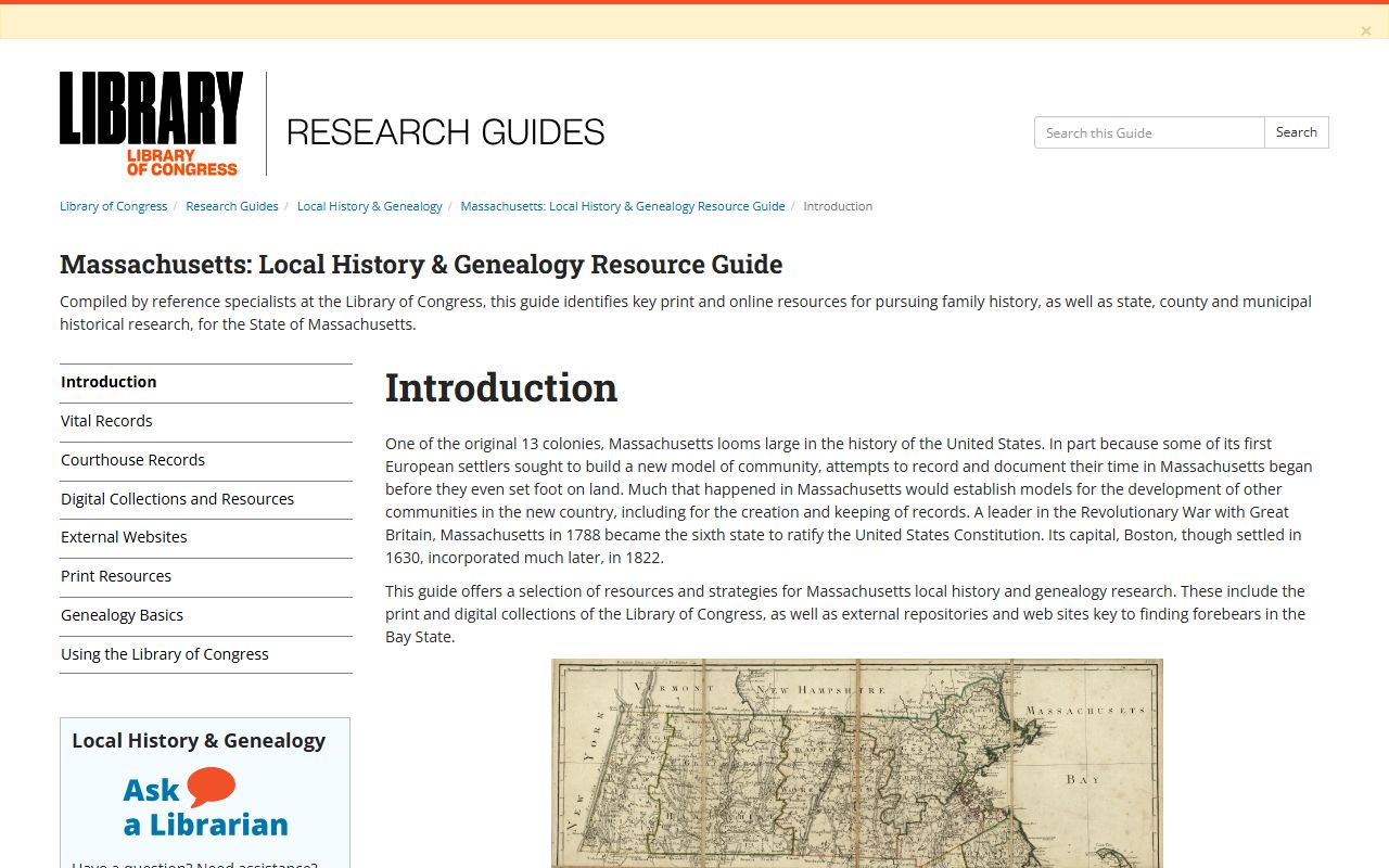 Library of Congress genealogy research guide for Massachusetts vital records and genealogy records