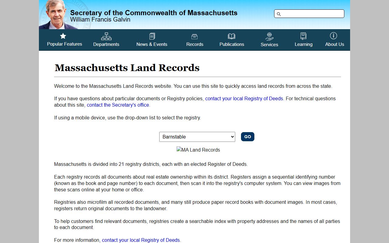 Massachusetts Land Records portal for deed searches and genealogy records