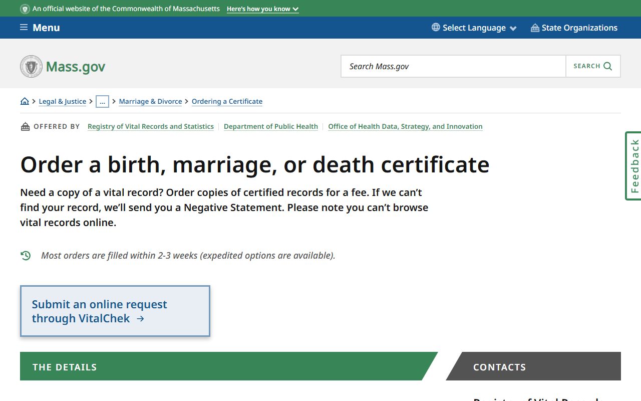Massachusetts official ordering page for genealogy records including birth death and marriage certificates